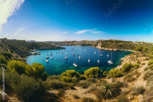 A beautiful panoramic view of Santa Ponsa bay on Mallorca Island with luxurious yachts in the Mediterranean Sea. Generative AI photo