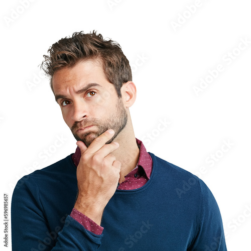 Thinking, ideas and business man with creative, vision and strategy for work. Businessman, planning and young male worker with doubt for startup idea isolated on a transparent, png background photo