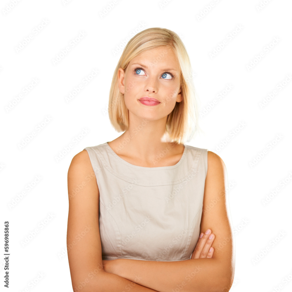 Thinking, business woman and face with an idea or to remember memory. Female person with arms crossed to think of a solution, decision or choice and question isolated on a transparent, png background Thinking, business woman and face with an idea or to remember memory. Female person with arms crossed to think of a solution, decision or choice and question isolated on a transparent, png background