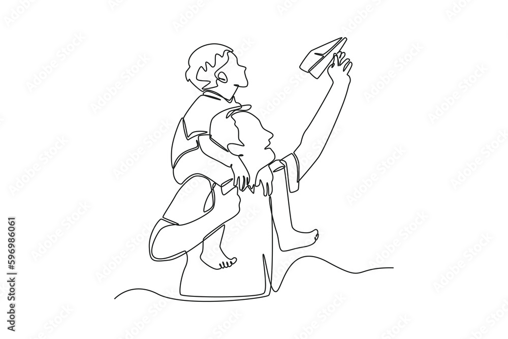 Continuous one line drawing of father playing paper airplane with his son. Happy father's day concept. Single line draw design vector graphic illustration. Continuous one line drawing of father playing paper airplane with his son. Happy father's day concept. Single line draw design vector graphic illustration.