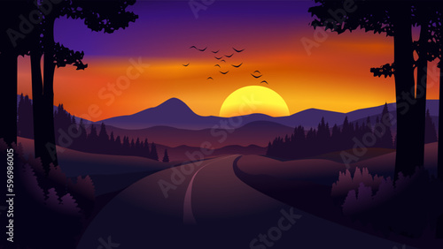 Vector sunset illustration with empty road in countryside and mountain in background