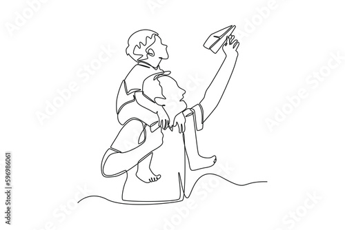 Continuous one line drawing of father playing paper airplane with his son. Happy father's day concept. Single line draw design vector graphic illustration.