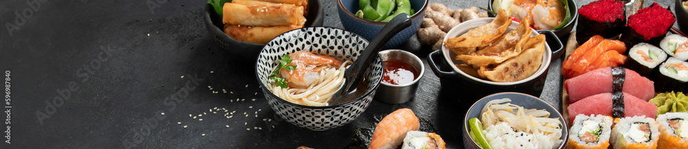 Traditional Japanese food dishes on black background Traditional Japanese food dishes on black background