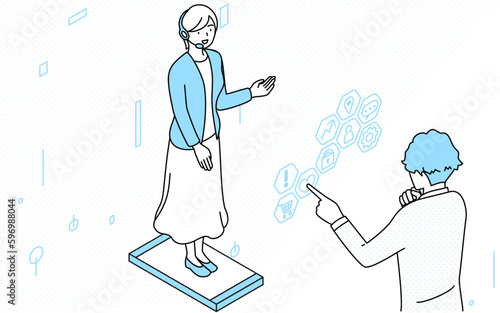 DXのイメージ、ARで画面上に現れるカスタマーサービスの女性とタッチパネルでサービスを選ぶ男性