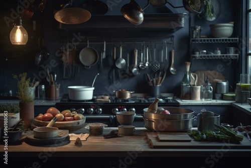 Kitchen with cooking tools. Generative AI