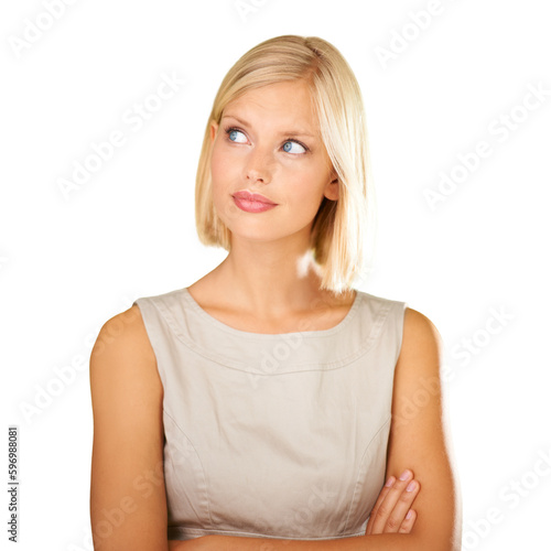 Business woman, face and thinking of idea on transparent background to remember memory. Female person or model think of solution, decision or choice and question for advertising isolated on png © Yuri Arcurs/peopleimages.com