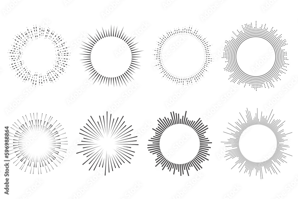 Circle sound wave. Circular music audio round. Radial graphic of voice. Abstract equalizer. Symbol of waveform burst rays. Vector set on white background - obrazy, fototapety, plakaty 