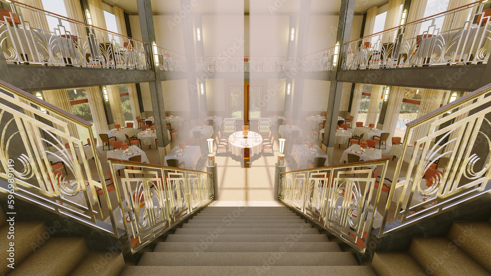 Fototapeta premium The spacious atmosphere of this luxury a la carte restaurant is accentuated by a magnificent central staircase.