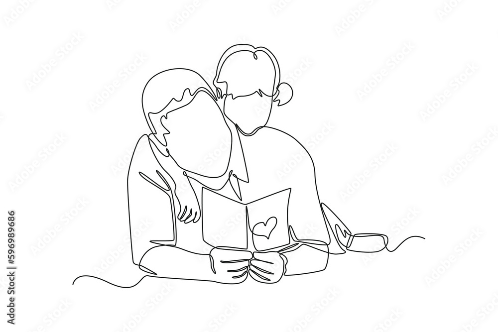 Continuous one line drawing of His daughter giving a love card to her father. Happy father's day concept. Single line draw design vector graphic illustration. Continuous one line drawing of His daughter giving a love card to her father. Happy father's day concept. Single line draw design vector graphic illustration.
