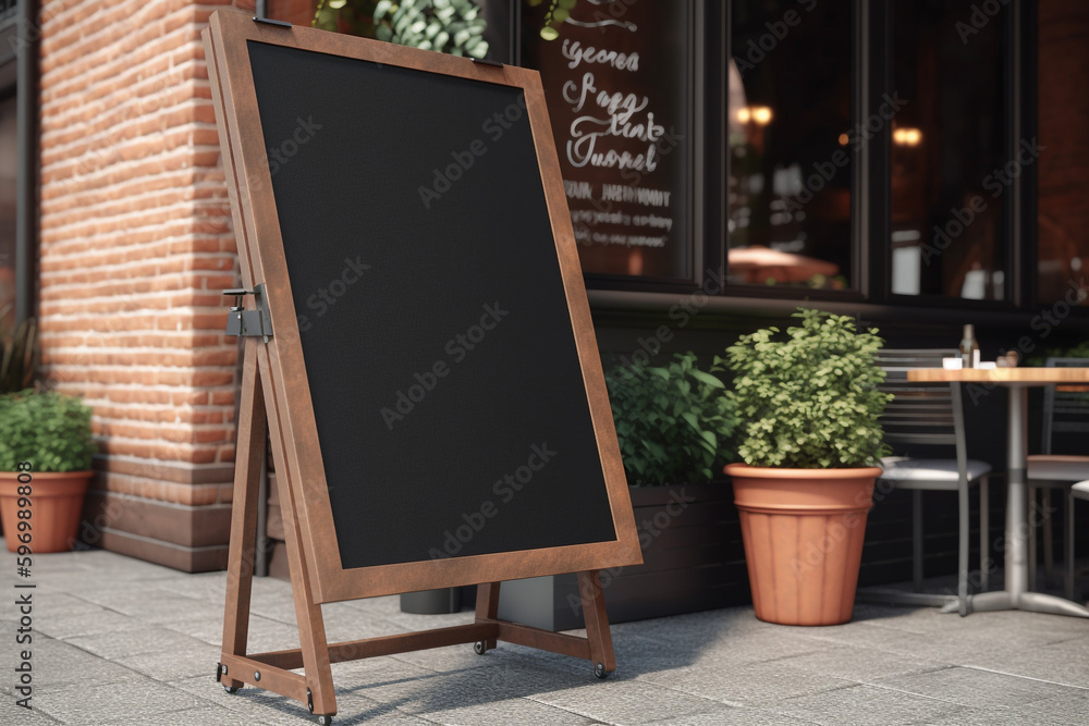 Blank menu board outside restaurant, Generative AI	
