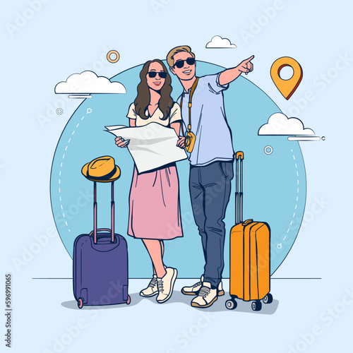 Vector Illustration traveling couple who are looking for destinations