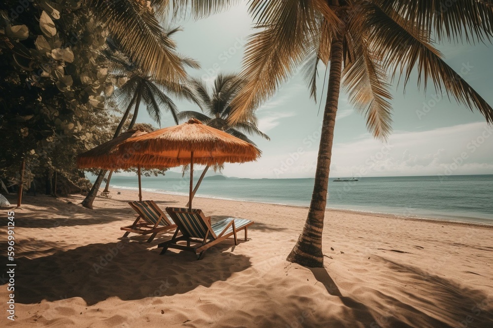 A summery tropical beach with chairs, an umbrella, and palm trees. Ideal for vacation and tourism. Generative AI