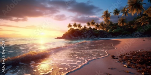 Lindo atardecer en una playa paradisiaca con aguas cristalinas y arenas doradas con exuberantes palmeras. Playa vacacional de verano con IA generativa photo