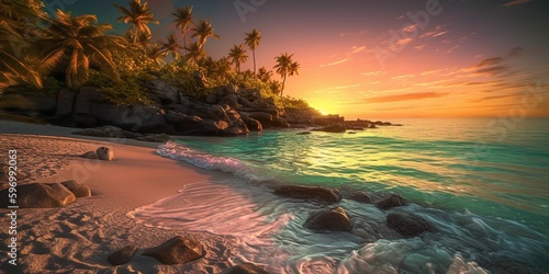 Playa paradisiaca con aguas cristalinas y arenas doradas con exuberantes palmeras en un lindo atardecer. Playa vacacional de verano con IA generativa photo