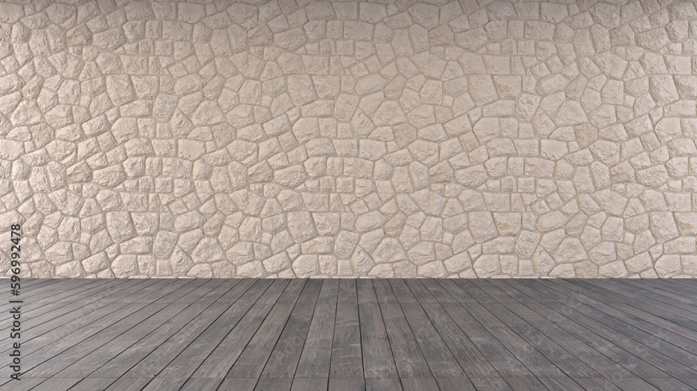 Beige empty stone wall with rough wooden floor. Mock up template for product display