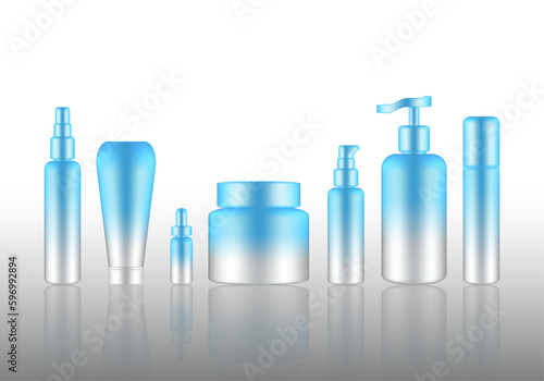 Spray Bottle Mockup Realistic blue Cosmetic Soap, Shampoo, Cream, Oil Dropper Set for Skincare Product Background Illustration. Health Care and Medical Concept Design.