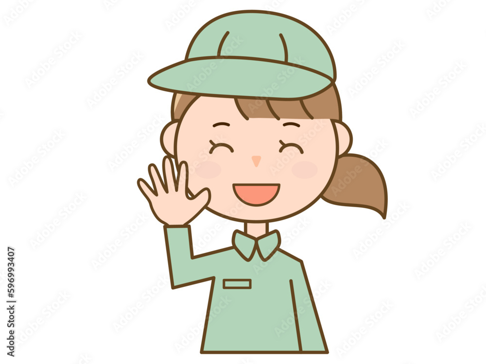 手を上げて笑顔で挨拶をする作業服を着た女性作業員_配達員_清掃員のイラストB