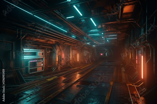 A futuristic neon warehouse with grunge elements, glowing laser lights and concrete surroundings - perfect for a dark tunnel stage or club. 3D rendering. Generative AI