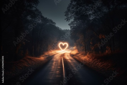 Night road with car light trail forming heart shape & trees in Background. Generative AI