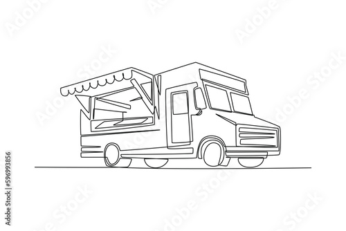 Single one line drawing Food trucks. Restaurant on wheels. Vans for street food selling. Car concept. Continuous line draw design graphic vector illustration.