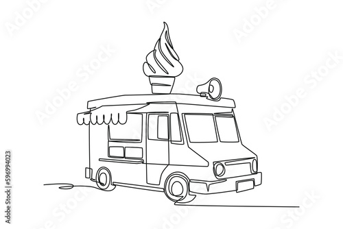 Single one line drawing Van with ice cream. Vans for street food selling. Car concept. Continuous line draw design graphic vector illustration.