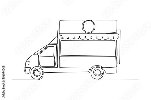 Single one line drawing Food trucks. Restaurant on wheels. Vans for street food selling. Car concept. Continuous line draw design graphic vector illustration.