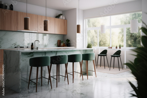 Discover the perfect blend of style and function in this contemporary kitchen, featuring a luxurious marble countertop and stylish wooden stools. Designed using advanced Generative AI technology. © sorapop