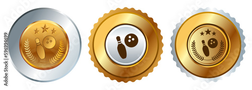 Bowling ball pin strike badge medal medallion graphic gold championship competition shiny round shape