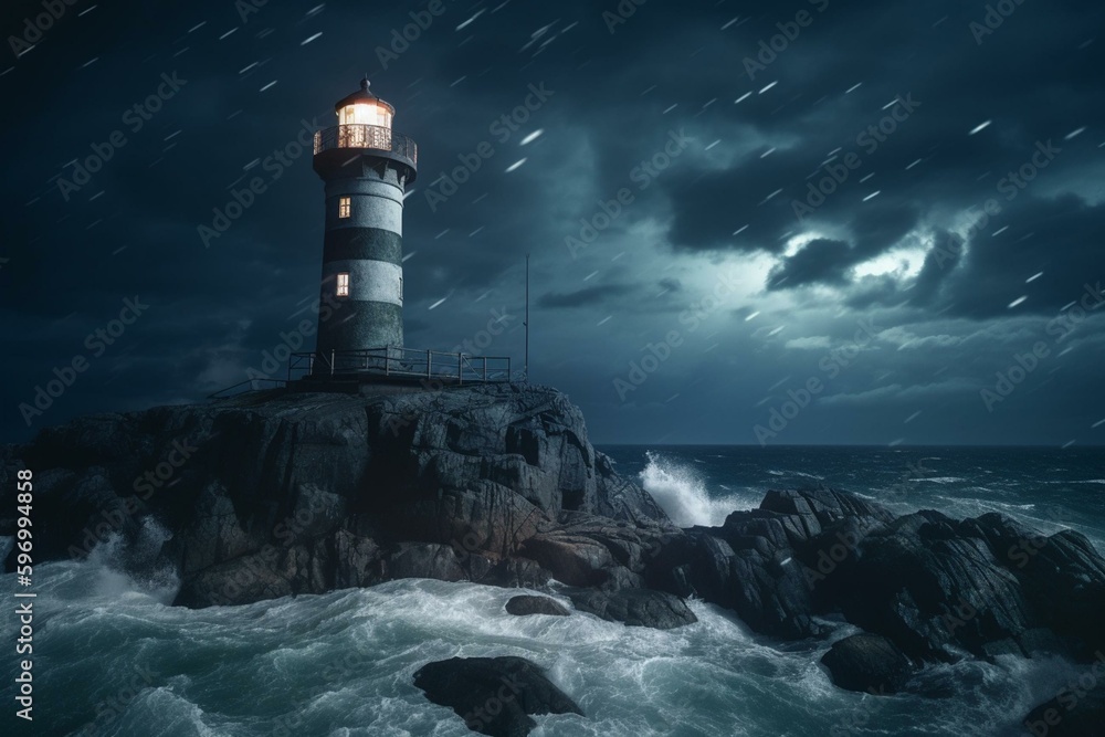 AI generated night time image of a lighthouse weathering a storm on a remote island. Generative AI