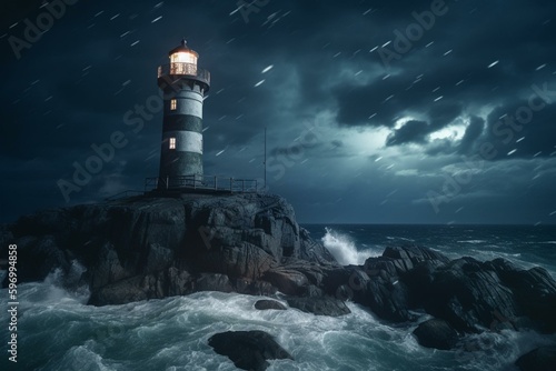 AI generated night time image of a lighthouse weathering a storm on a remote island. Generative AI