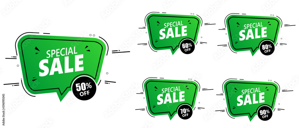 Special offer badge percent set. Sale coupon bubble icon. Modern concept design green color transparent background. 50% 60% 70% 80% 90% . Vector Special offer badge percent set. Sale coupon bubble icon. Modern concept design green color transparent background. 50% 60% 70% 80% 90% . Vector