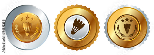 Badminton shuttlecock game sport medal championship winner gold silver bronze badges circle shape