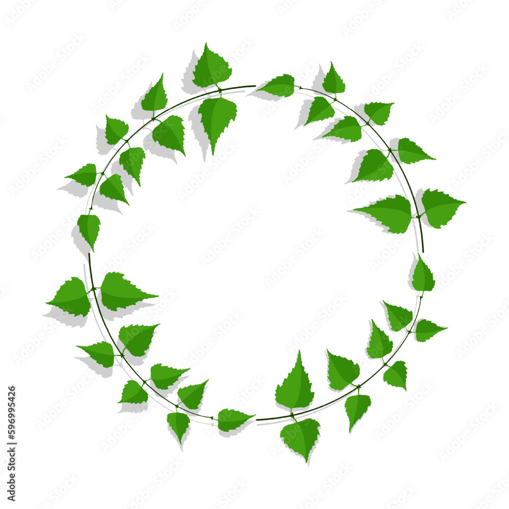 Frame made of thin birch twigs and green leaves. Floral ornament for design and decoration of invitations and posters. Round frame. Vector Frame made of thin birch twigs and green leaves. Floral ornament for design and decoration of invitations and posters. Round frame. Vector