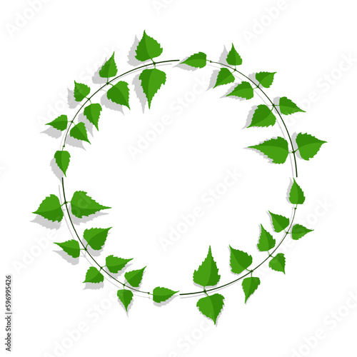 Frame made of thin birch twigs and green leaves. Floral ornament for design and decoration of invitations and posters. Round frame. Vector