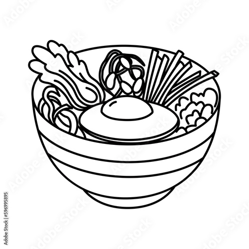 Bibimbap bowl doodle hand drawn vector illustration. Korean traditional food black and white line drawing.