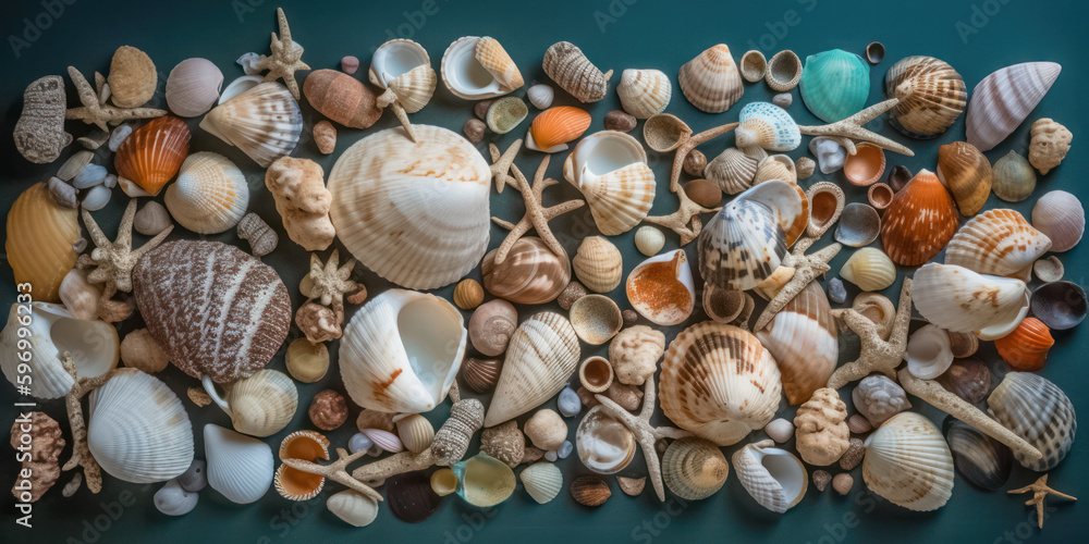 Various white sea shells and corals background. Generative AI