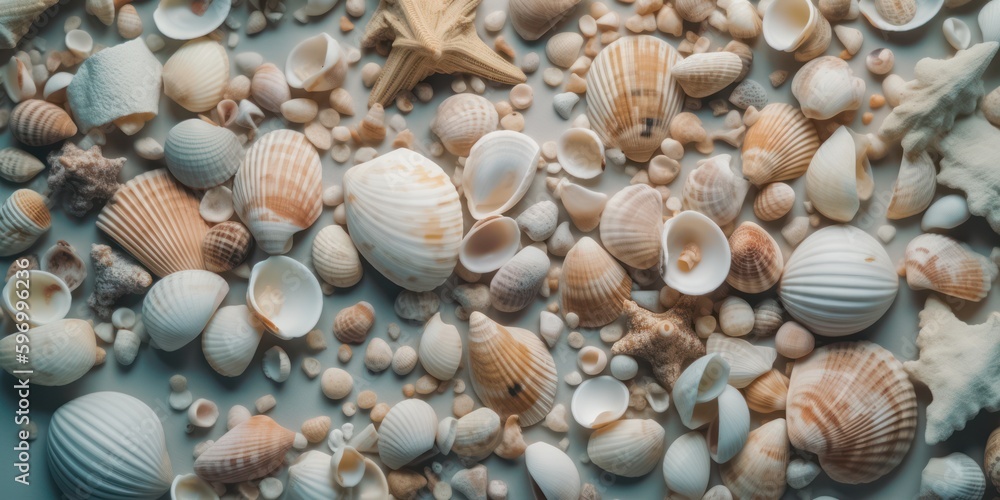 Various white sea shells and corals on white background. Generative AI Various white sea shells and corals on white background. Generative AI
