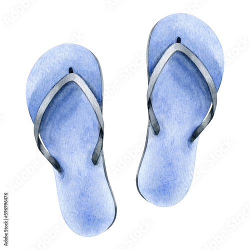 Beach blue summer slippers. Rubber slates. Vacation accessories and clothing style element. Watercolor hand draw illustration. Isolated on white.