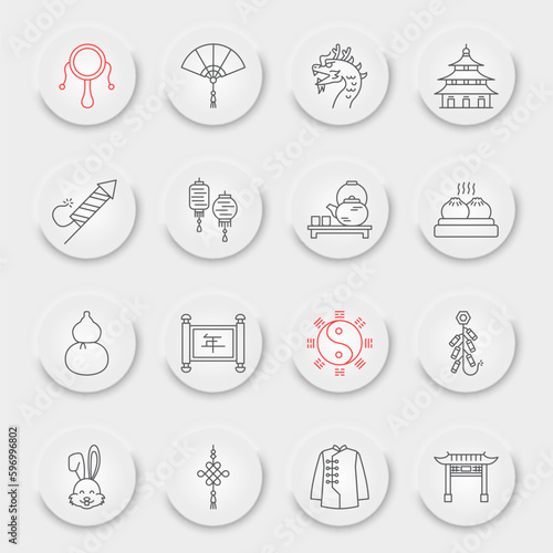 Chinese new year line icon set, 2023 chinese rabbit zodiac, travel collection, vector graphics, neumorphic UI UX buttons, Chinese new year vector icons, asia signs, outline pictograms, editable stroke