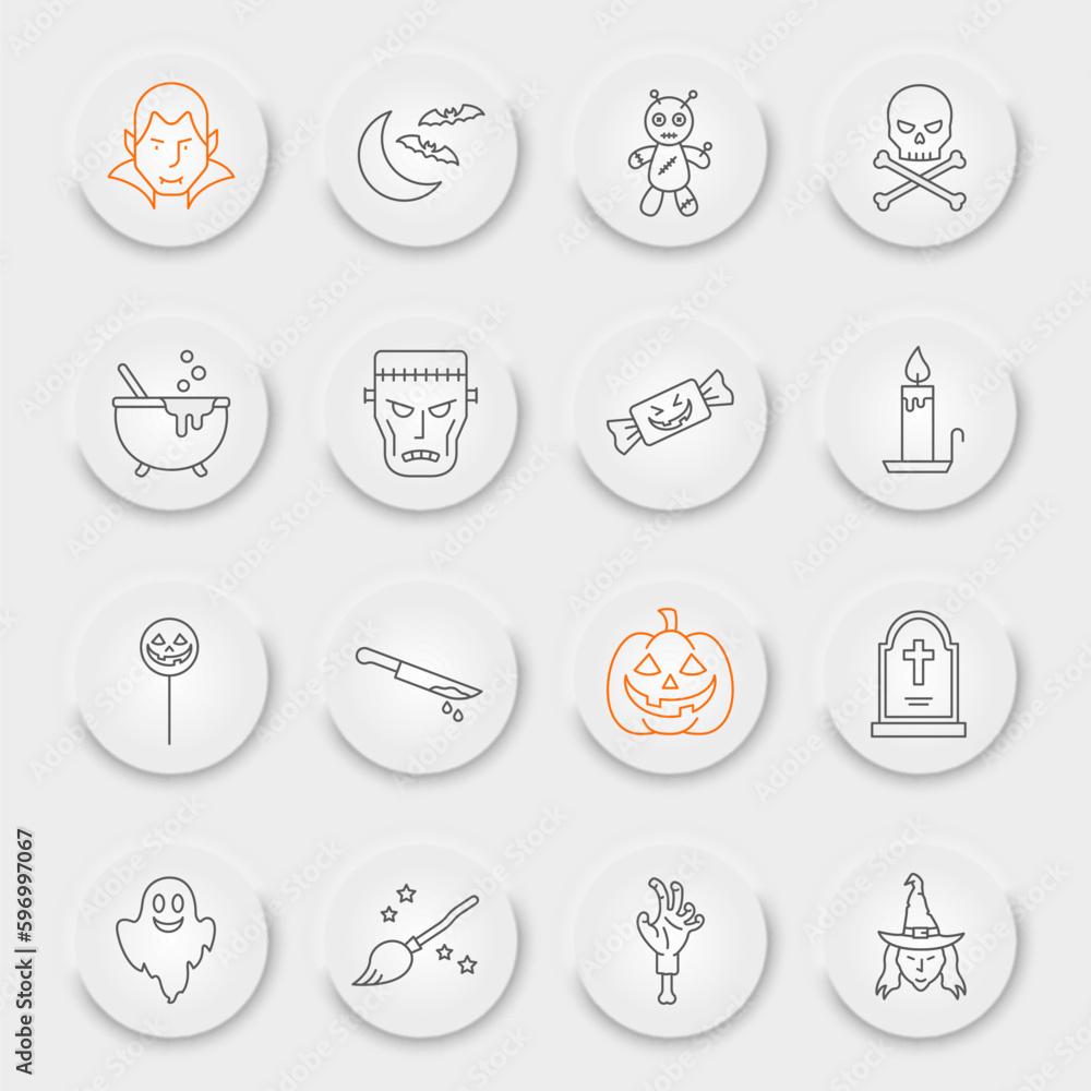Halloween line icon set, spooky collection, vector graphics, neumorphic UI UX buttons, Halloween vector icons, horror signs, outline pictograms, editable stroke Halloween line icon set, spooky collection, vector graphics, neumorphic UI UX buttons, Halloween vector icons, horror signs, outline pictograms, editable stroke