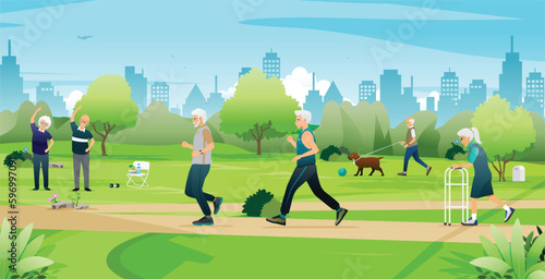 Old men and women exercising in the city park.