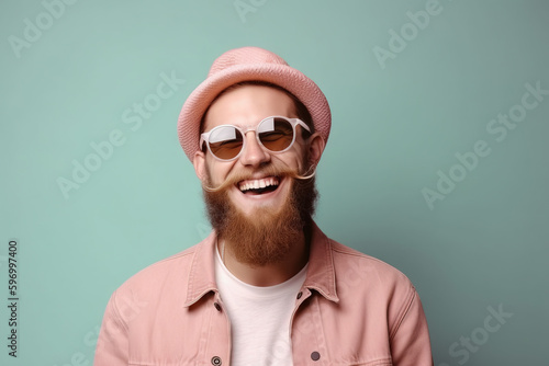 commercial studio mid-shot of happy hipster dreseed with sunglasses man, smiling, pastel background, pastel tones, minimal, isolated. Generative AI