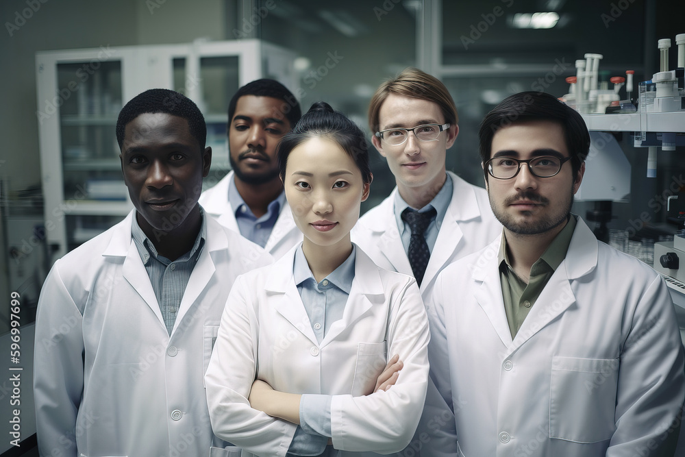 Obraz premium Professional multiethnic medical staff looking at camera in modern equipped lab. Diverse team of scientists in white coats smiling at camera working together in hospital laboratory. Generative AI