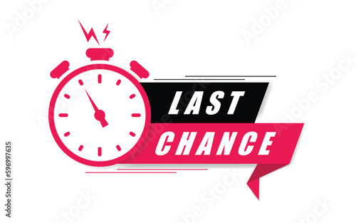 Last Change icon with time countdown. Modern vector banner ribbon limited offer with stop watch. Super promo label with alarm clock and word. Offer sale or exclusive deal concept. Vector