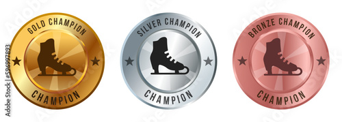ice skating figure skate shoes icon emblem medal medallion in golden silver bronze shiny graphic illustration