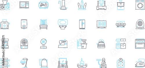 Household appliances linear icons set. Refrigerator, Stove, Dishwasher, Microwave, Toaster, Blender, Coffee maker line vector and concept signs. Vacuum,Iron,Washer outline illustrations Generative AI