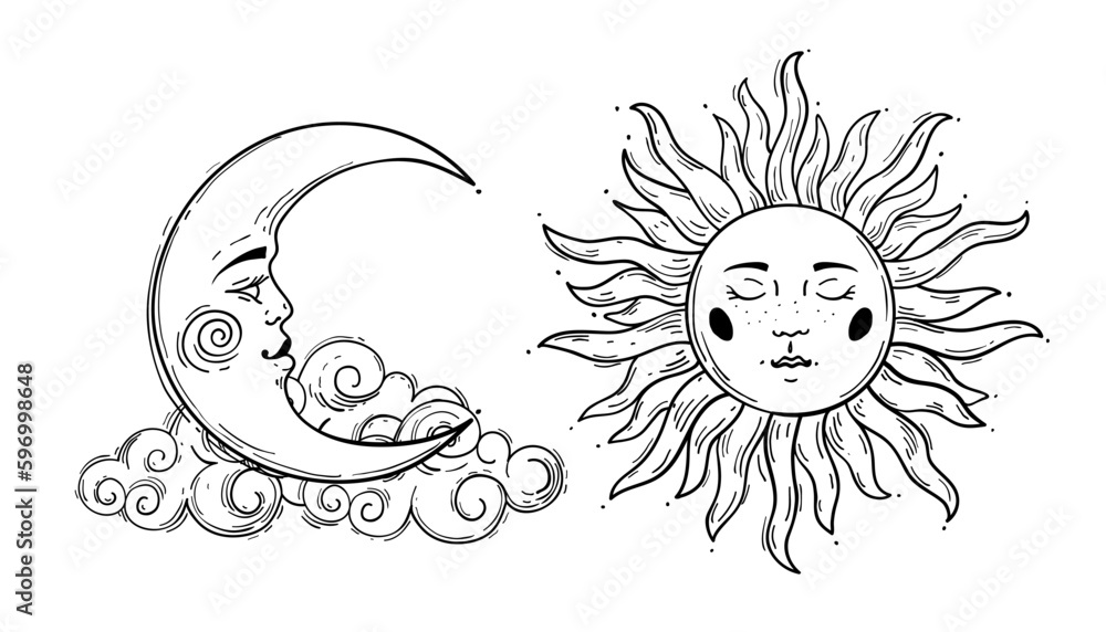 Fototapeta premium Sun and moon crescent with cloud, vintage boho line drawing for astrology, celestial mythological symbols, witch tattoo. Vector illustration isolated on white background.