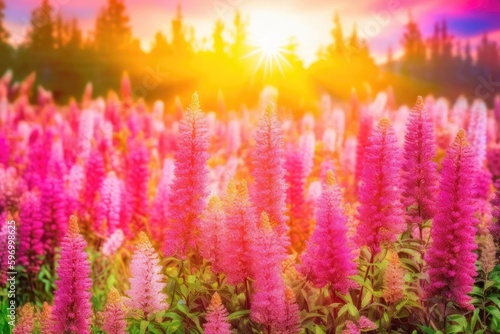sunlit field of pink flowers. Generative AI