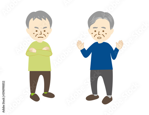 腕組みをしたシニアの男性とトラブル事を身振り手振りで伝えるシニアの男性