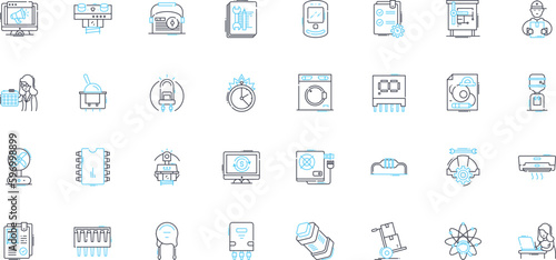 Equipment gear linear icons set. Tools, Machinery, Instruments, Implements, Gadgets, Apparatus, Accessories line vector and concept signs. Devices,Hardware,Compnts outline illustrations Generative AI